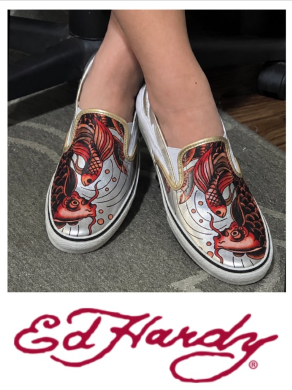 NEW! RARE Vintage Y2K Ed Hardy Metallic Silver Koi Fish Tattoo Slip On Sneakers